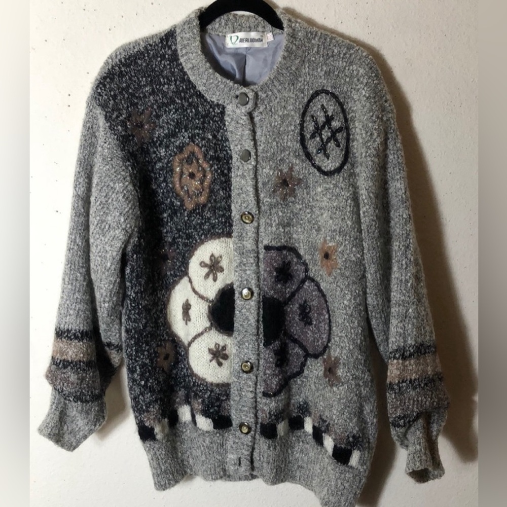 Vintage Aierluoman CARDIGAN flower  knitted silver lined  XXL